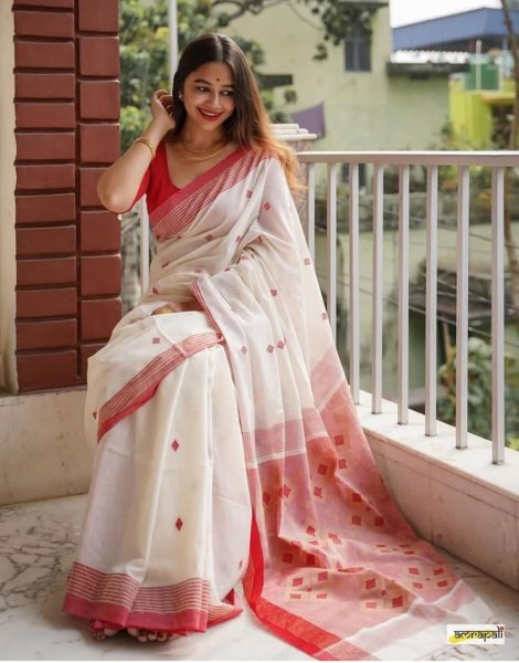 Elegant Traditional White   Red Soft Cotton Saree Collection Perfect for Summer Festivals Cotton Sarees Wholesale