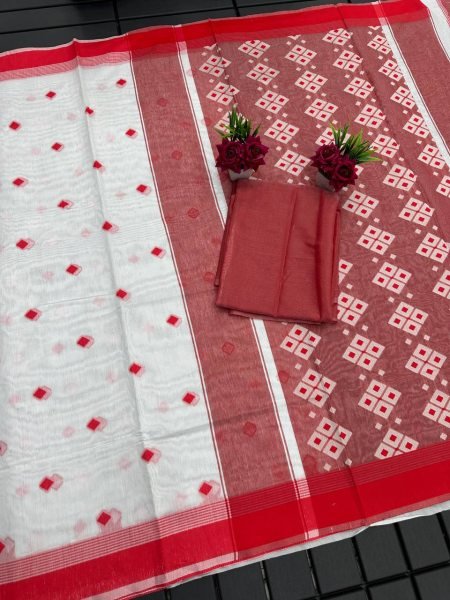 Elegant Traditional White   Red Soft Cotton Saree Collection Perfect for Summer Festivals Cotton Sarees Wholesale