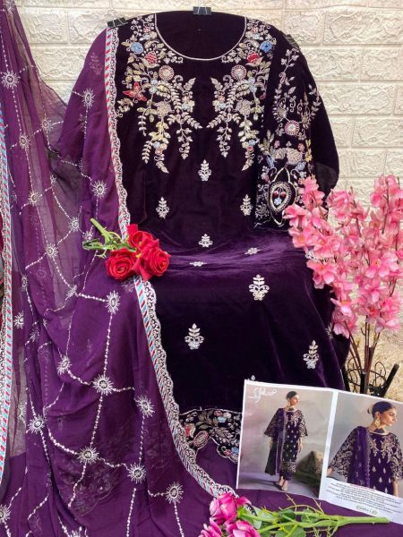 Elegant Velvet suit Ensemble with Sequence Embroidery   Cutwork Detailing  Pakistani Suits Wholesale