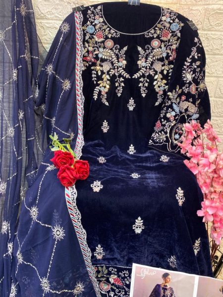 Elegant Velvet suit Ensemble with Sequence Embroidery   Cutwork Detailing  Pakistani Suits Wholesale