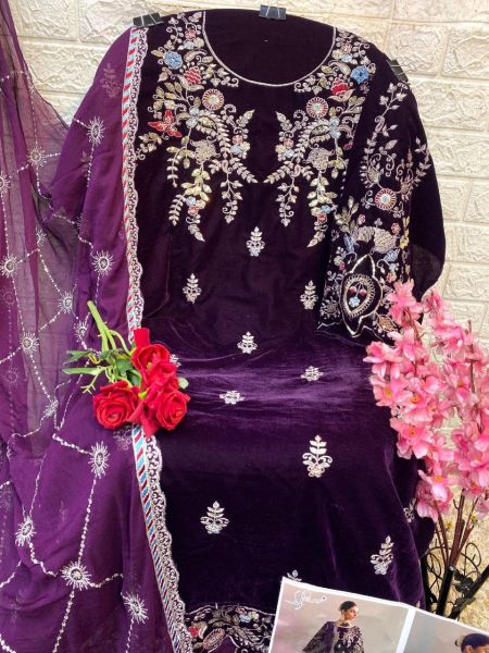 Elegant Velvet suit Ensemble with Sequence Embroidery   Cutwork Detailing  Pakistani Suits Wholesale