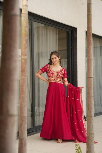 Elegant Vichitra Silk Embroidered Party Gown  Fully Stitched Wholesale Supplier & Exporter Surat Anarkali Kurtis 