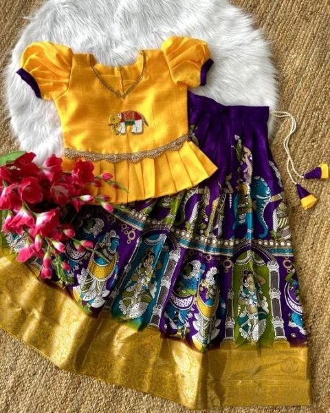 Elephant Motif Temple Print Pattu Lehenga for Kids with Peplum Blouse Girls Wear