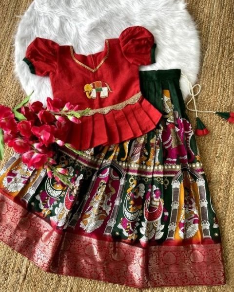Elephant Motif Temple Print Pattu Lehenga for Kids with Peplum Blouse Girls Wear