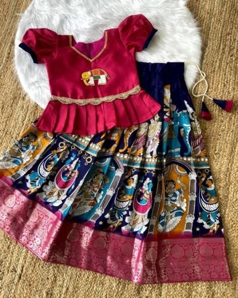 Elephant Motif Temple Print Pattu Lehenga for Kids with Peplum Blouse Girls Wear