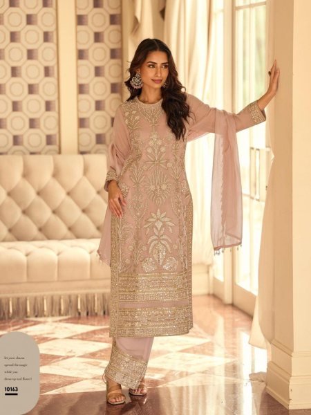 Embellished Baby Pink Georgette Plazzo Suit By Sayuri Designer  Full Set Salwar Kameez
