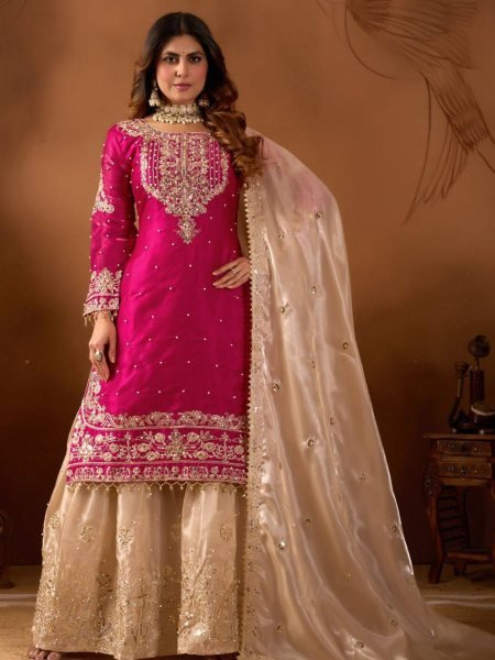 Embellished Jimmy Choo Silk Coding Dori Sequins Kurti Plazzo Set with Heavy Dupatta for Weddings 