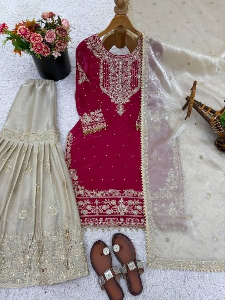 Embellished Jimmy Choo Silk Coding Dori Sequins Kurti Plazzo Set with Heavy Dupatta for Weddings Ready To Wear Collection