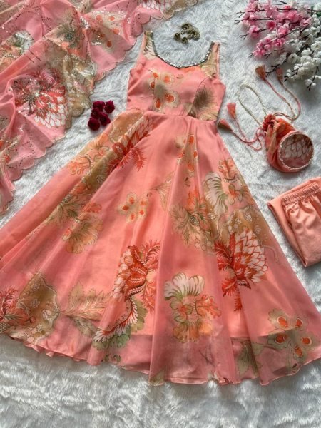 Embellished Peach Organza Silk Mirror Work on Neckline Anarkali for Boutique Buyers 