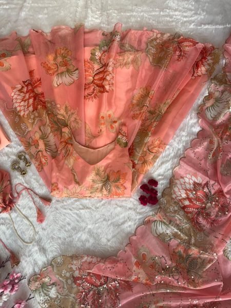 Embellished Peach Organza Silk Mirror Work on Neckline Anarkali for Boutique Buyers Anarkali Kurtis 