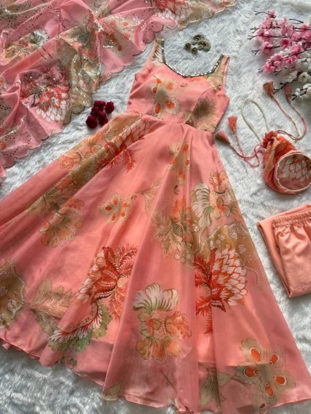 Embellished Peach Organza Silk Mirror Work on Neckline Anarkali for Boutique Buyers Anarkali Kurtis 