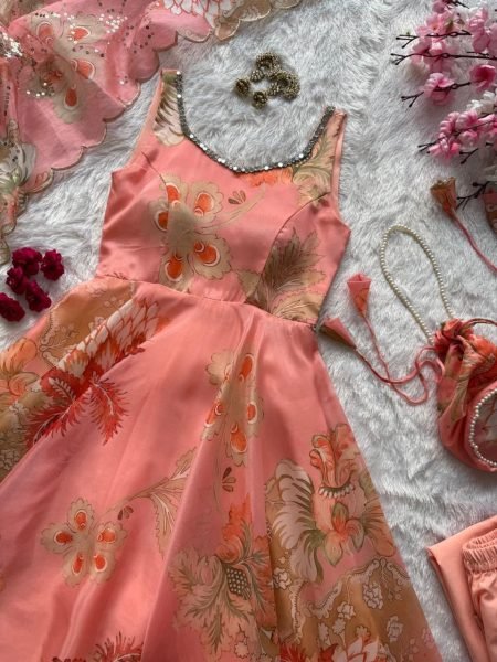 Embellished Peach Organza Silk Mirror Work on Neckline Anarkali for Boutique Buyers Anarkali Kurtis 