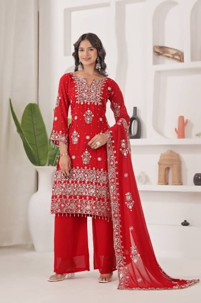 Embellished Red 3 Piece Fancy Kurti With Embroidery Sequence Work  Plazzo and Dupatta for Eid Wear Collection Pakistani Suits Wholesale