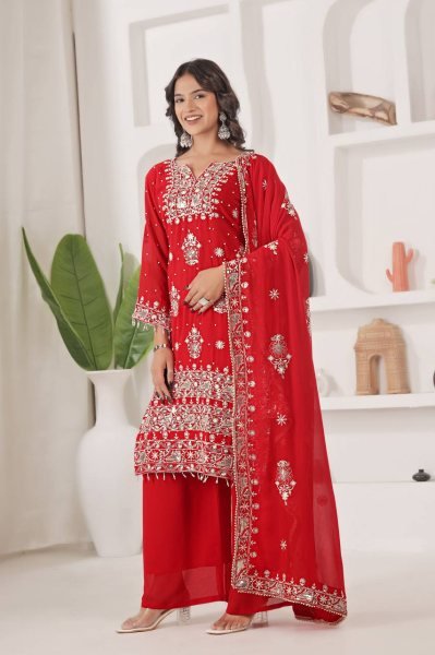 Embellished Red 3 Piece Fancy Kurti With Embroidery Sequence Work  Plazzo and Dupatta for Eid Wear Collection Pakistani Suits Wholesale