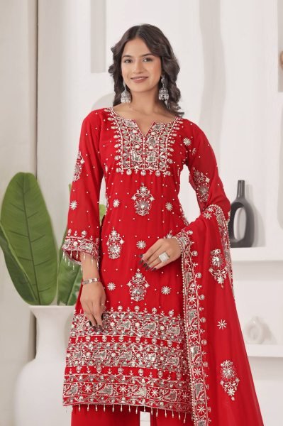 Embellished Red 3 Piece Fancy Kurti With Embroidery Sequence Work  Plazzo and Dupatta for Eid Wear Collection Pakistani Suits Wholesale