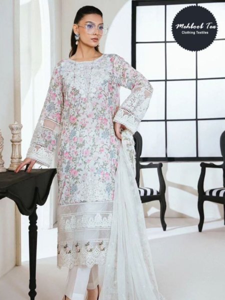 Embroidered Cotton Suit with Printed Bottom & Dupatta Salwar Kameez