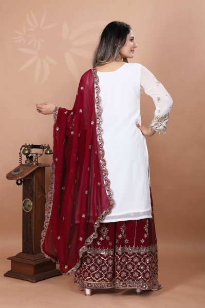 Embroidered Georgette Sharara Set in Red & White Ready-to-Wear Elegance for Celebrations Ready To Wear Collection
