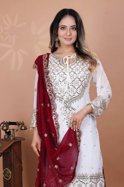 Embroidered Georgette Sharara Set in Red & White Ready-to-Wear Elegance for Celebrations Ready To Wear Collection