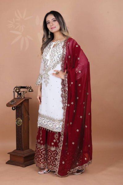 Embroidered Georgette Sharara Set in Red & White Ready-to-Wear Elegance for Celebrations Ready To Wear Collection