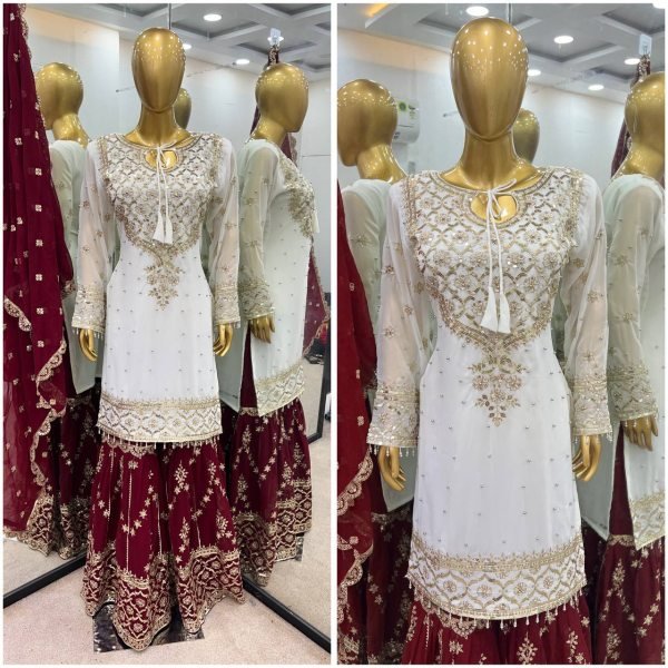 Embroidered Georgette Sharara Set in Red & White Ready-to-Wear Elegance for Celebrations Ready To Wear Collection