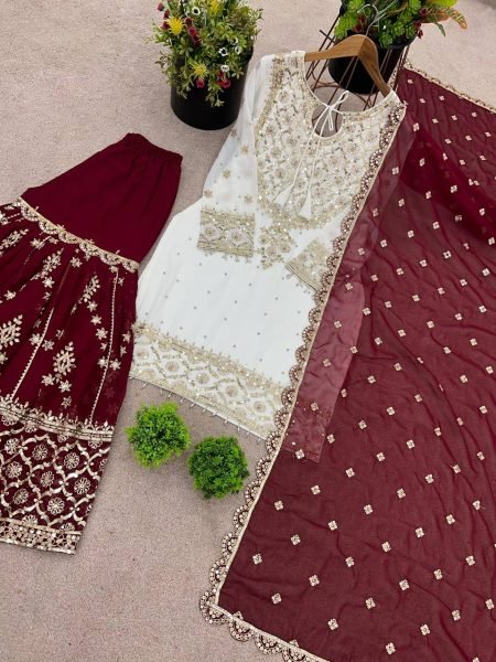 Embroidered Georgette Sharara Set in Red & White Ready-to-Wear Elegance for Celebrations Ready To Wear Collection