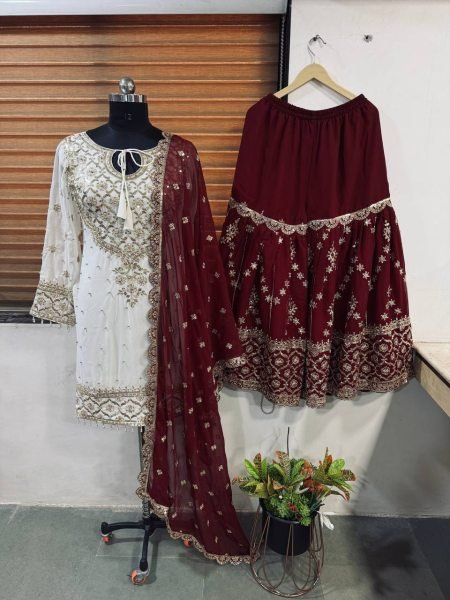 Embroidered Georgette Sharara Set in Red & White Ready-to-Wear Elegance for Celebrations Ready To Wear Collection
