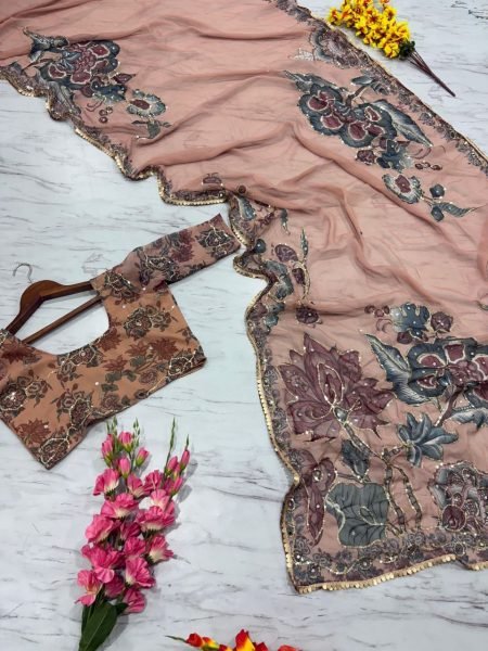 Embroidered Mirror   Sequin Work Sweetheart Georgette Saree Set Premium Party Wear at Wholesale Price Georgette Sarees Wholesale