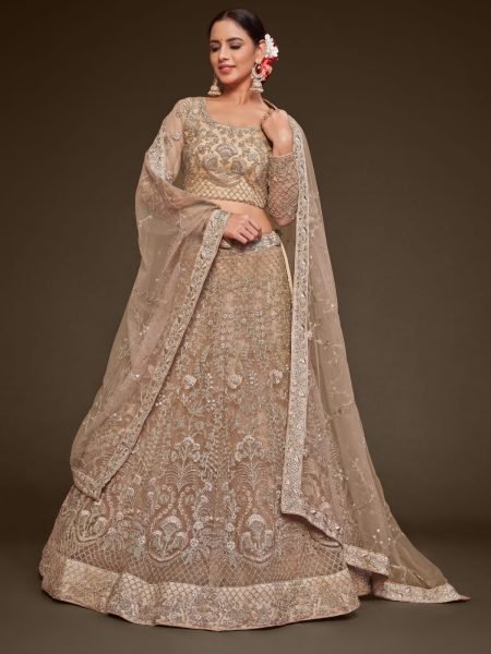 Embroidered Net Lehenga in Beige Bridal Lehenga Choli