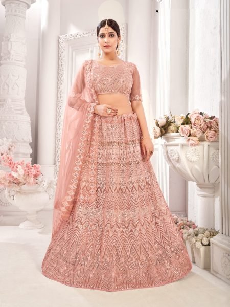 Embroidered Net Lehenga in Peach Designer Lehenga Choli