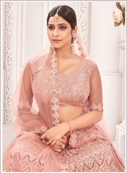 Embroidered Net Lehenga in Peach Designer Lehenga Choli