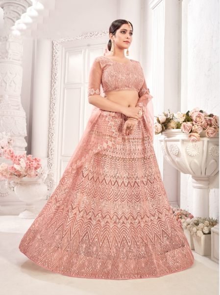 Embroidered Net Lehenga in Peach Designer Lehenga Choli