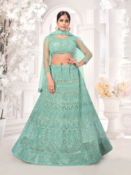 Embroidered Net Lehenga in Sea Green Designer Lehenga Choli