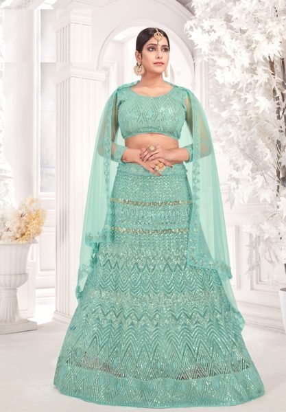Embroidered Net Lehenga in Sea Green Designer Lehenga Choli