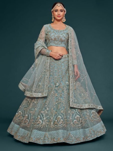 Embroidered Net Lehenga in Sky Blue Bridal Lehenga Choli