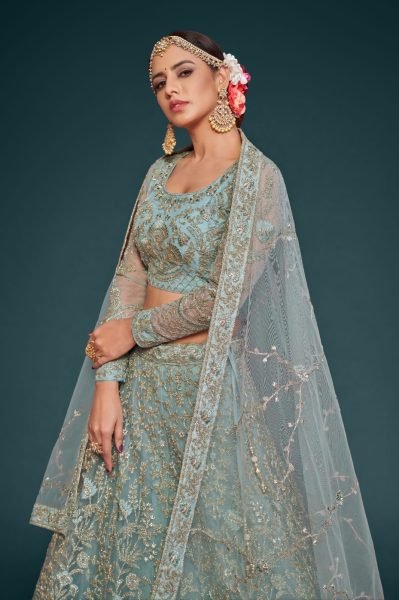 Embroidered Net Lehenga in Sky Blue Bridal Lehenga Choli