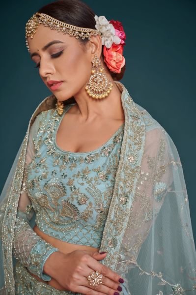 Embroidered Net Lehenga in Sky Blue Bridal Lehenga Choli