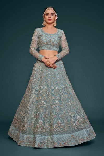 Embroidered Net Lehenga in Sky Blue Bridal Lehenga Choli