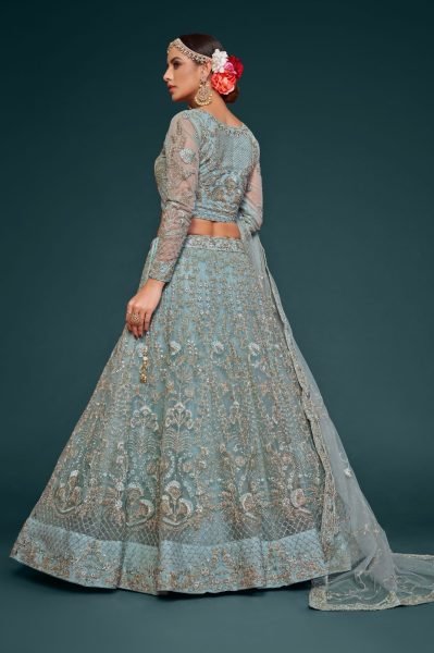 Embroidered Net Lehenga in Sky Blue Bridal Lehenga Choli