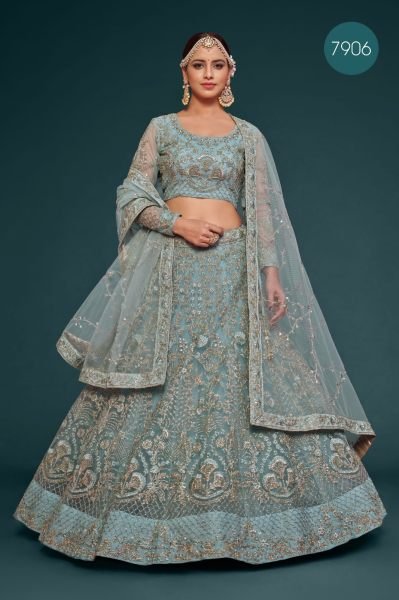 Embroidered Net Lehenga in Sky Blue Bridal Lehenga Choli