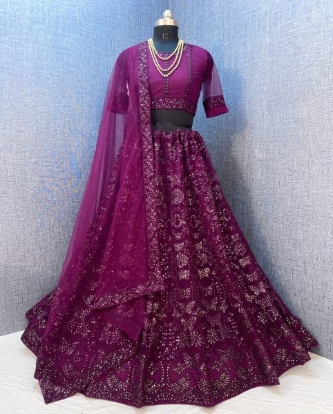 Embroidered Net Lehenga in Wine Designer Lehenga Choli