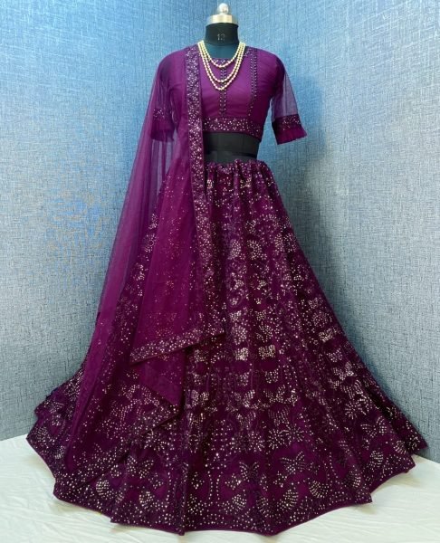 Embroidered Net Lehenga in Wine Designer Lehenga Choli