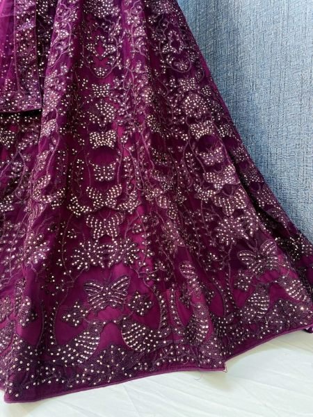 Embroidered Net Lehenga in Wine Designer Lehenga Choli