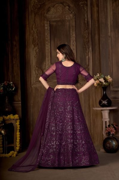 Embroidered Net Lehenga in Wine Designer Lehenga Choli