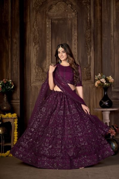 Embroidered Net Lehenga in Wine Designer Lehenga Choli
