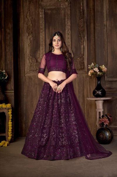 Embroidered Net Lehenga in Wine Designer Lehenga Choli