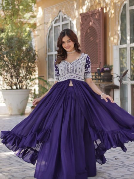 Embroidered Star Georgette Kurti with Lehenga Set Beads & Sequins Work Full-Stitched Party Wear Look 
