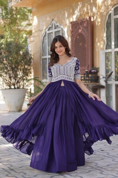 Embroidered Star Georgette Kurti with Lehenga Set Beads & Sequins Work Full-Stitched Party Wear Look Ready To Wear Collection