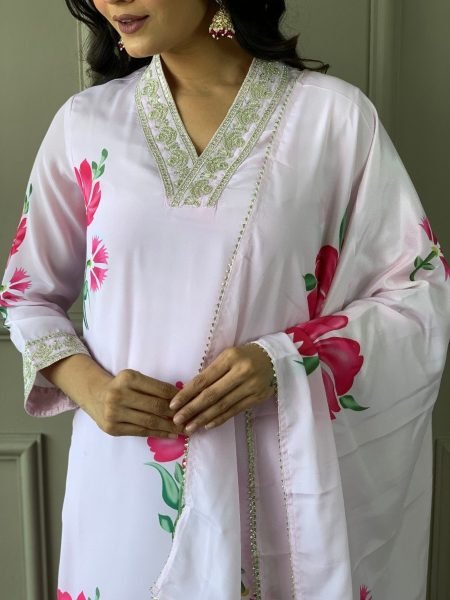  Embroidery and Printed White Color Kurti Pant With Dupatta  3 Piece Kurti Set
