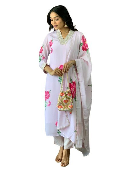  Embroidery and Printed White Color Kurti Pant With Dupatta  3 Piece Kurti Set