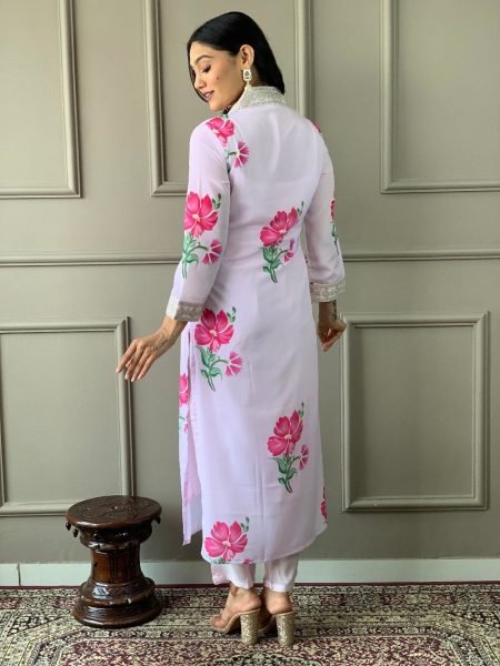  Embroidery and Printed White Color Kurti Pant With Dupatta  3 Piece Kurti Set